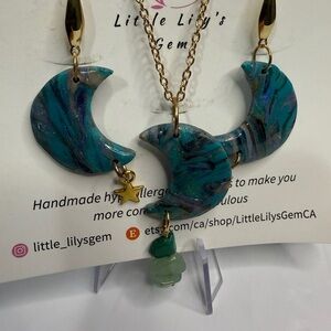 Marble Green Moon Earrings Set